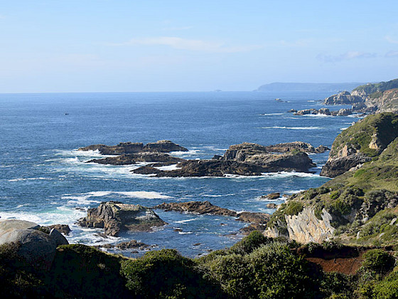 Imagen del océano y orilla de zona costera rocosa.